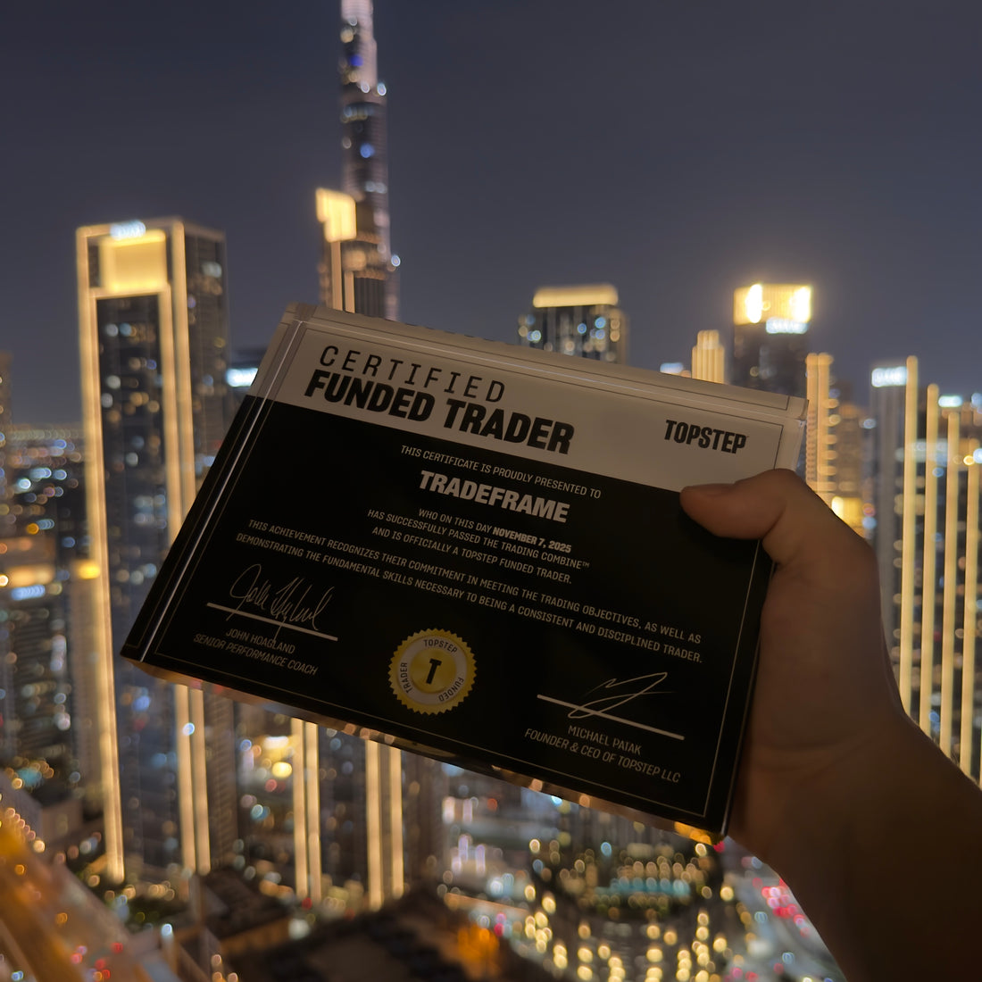 Premium trading certificate plaque for funded traders
